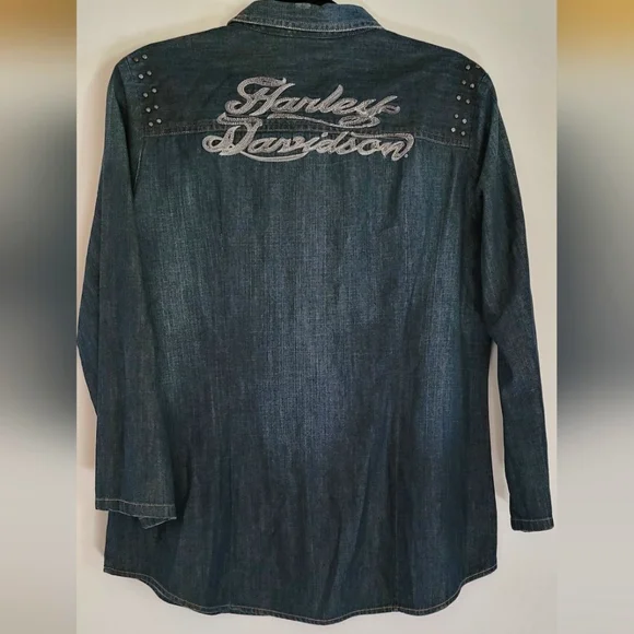 Harley Davidson Logo Embroidered Studded Denim Shirt Pearl Snap Roll Tab Sleeve - Picture 5 of 12